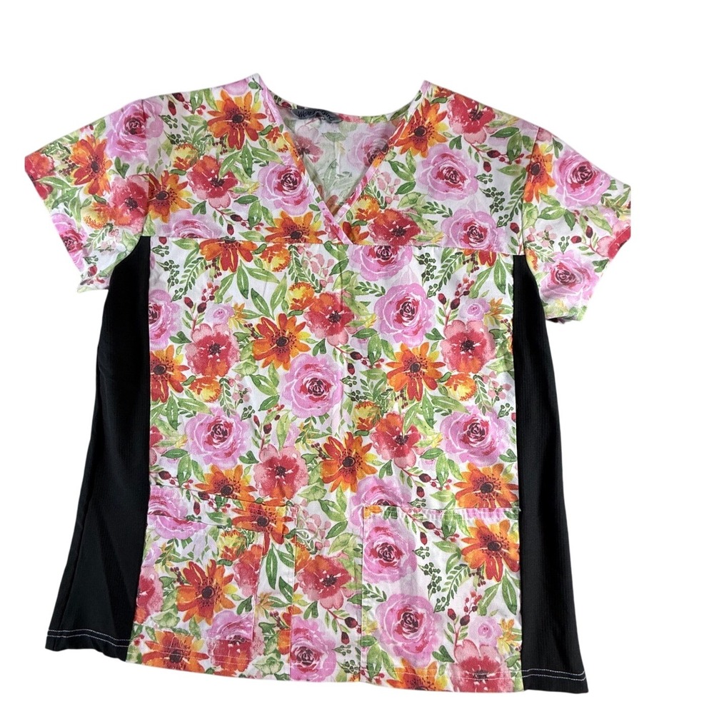 Wear For‎ Care Floral Print Scrub Top Medical Uniform Short Sleeve 1X